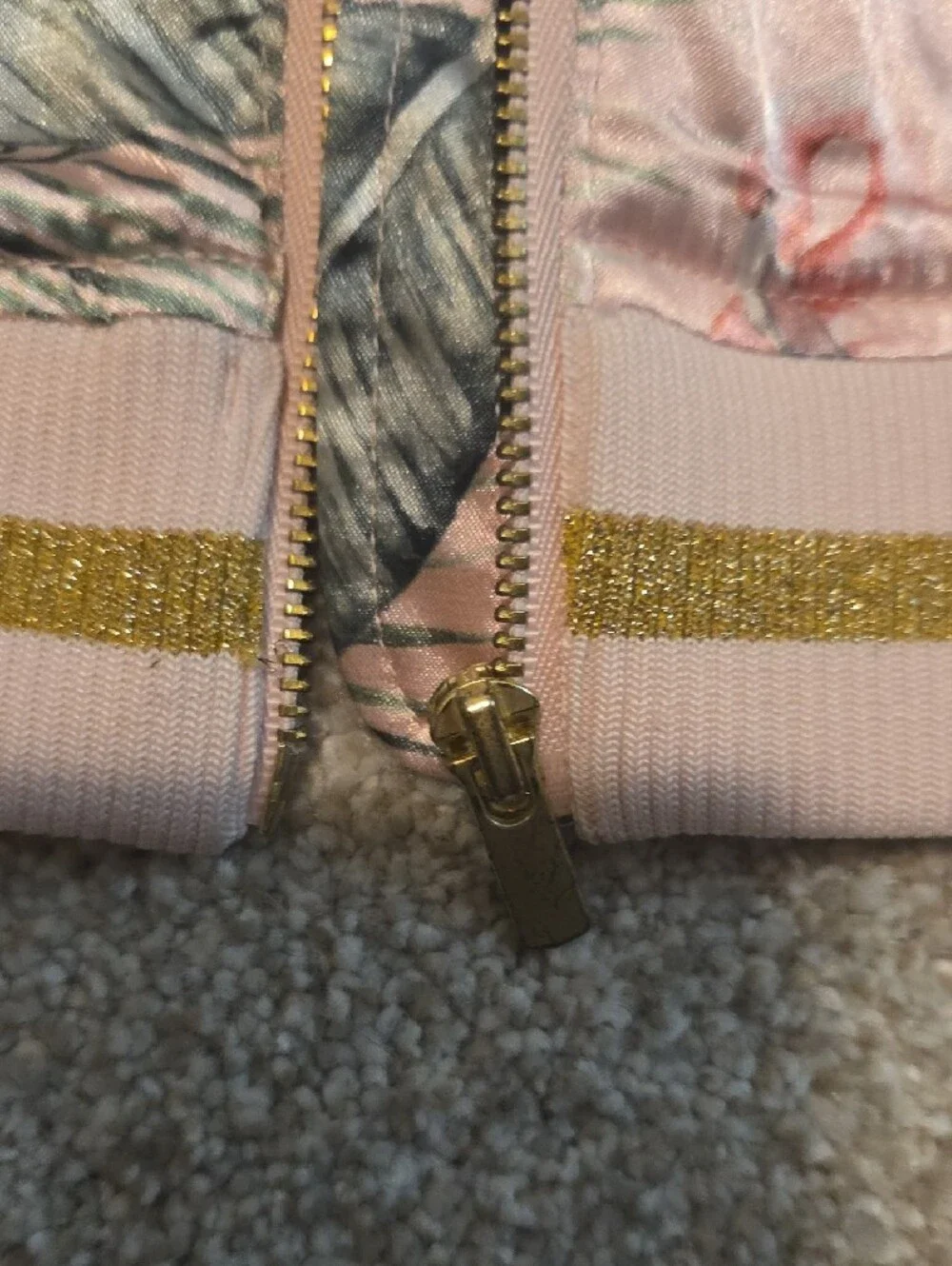 H&M Pink Satin Tropical Leaf & Flamingo Bomber Jacket